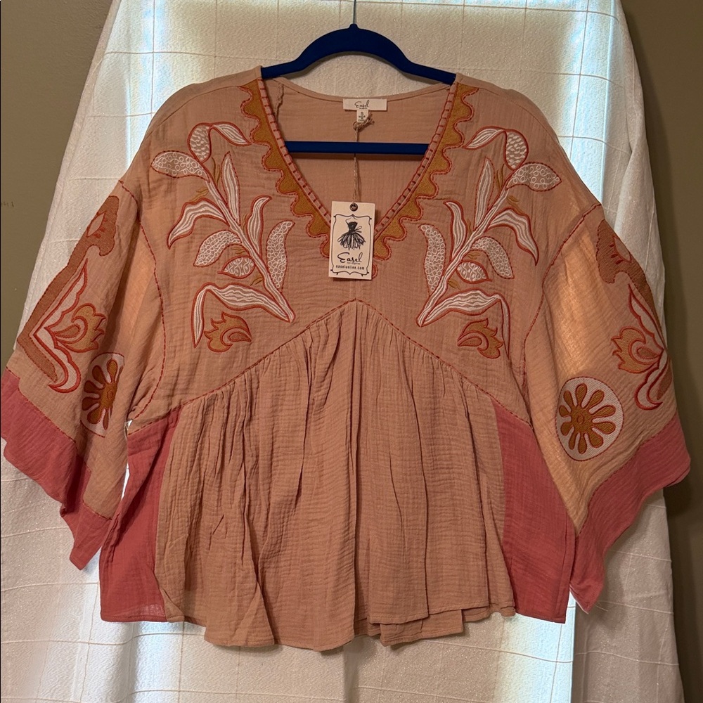 Embroidered Boho Blouse - Pink and Cream